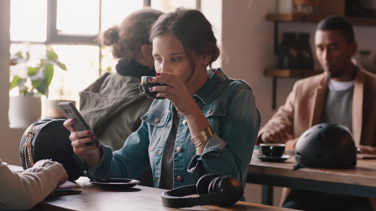 스마트폰을 사용하는 행복한 여성이 카페에서 커피를 마시고 소셜 미디어에서 메시지를 공유하고 바쁜 레스토랑에서 모바일 기술을 즐기고 있습니다.
