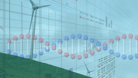 wind turbines on green hill with energy data analysis animation over landscape