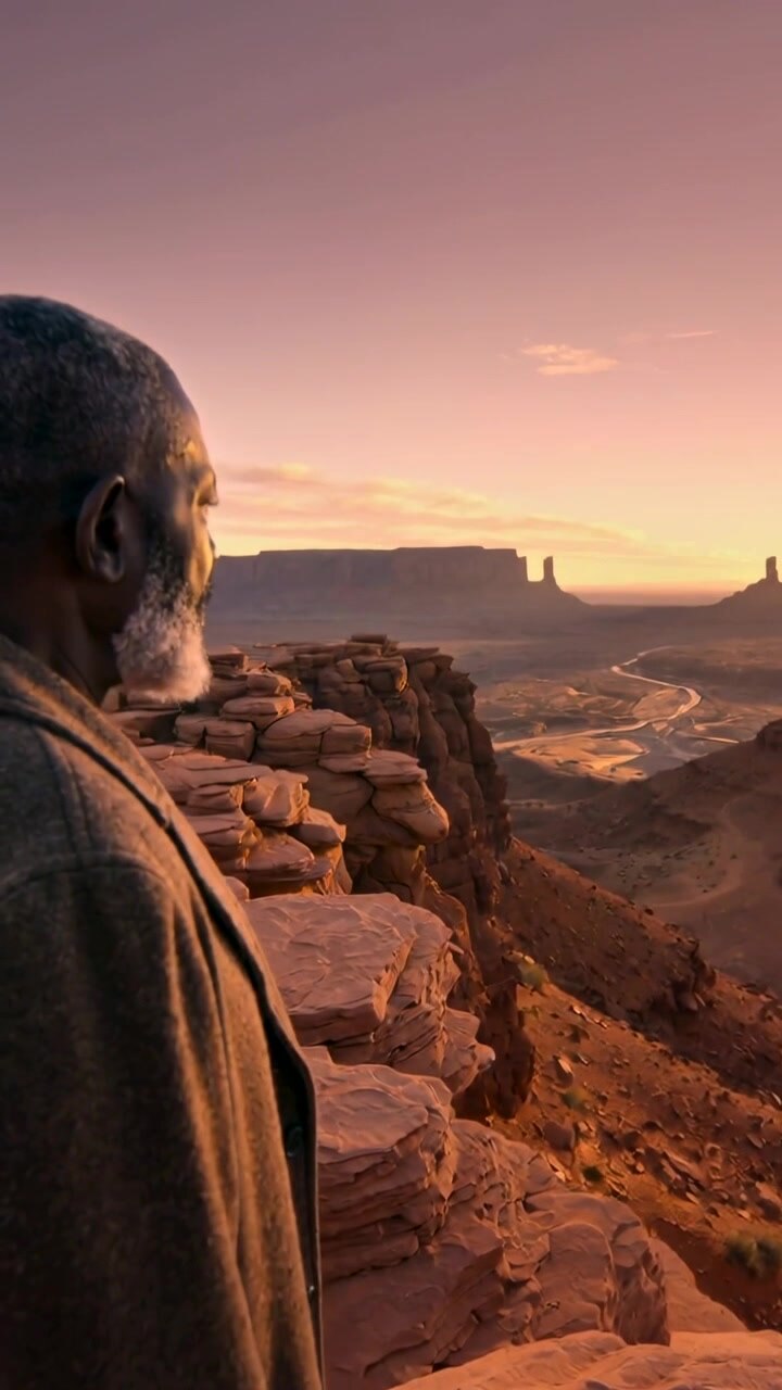 Video verticale: Uomo in piedi in cappotto che osserva il tramonto, ammirando il canyon da una sporgenza rocciosa.