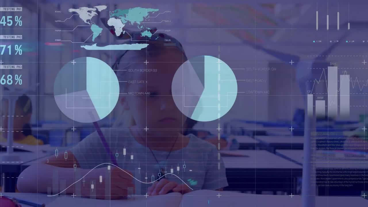 Animation of data processing over diverse schoolchildren in classroom
