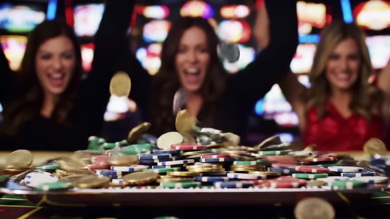 Excitement at the Casino: Friends Celebrate Their Wins While Tossing Chips and Coins into the Air Amidst Colorful Slot Machines and Gaming Tables