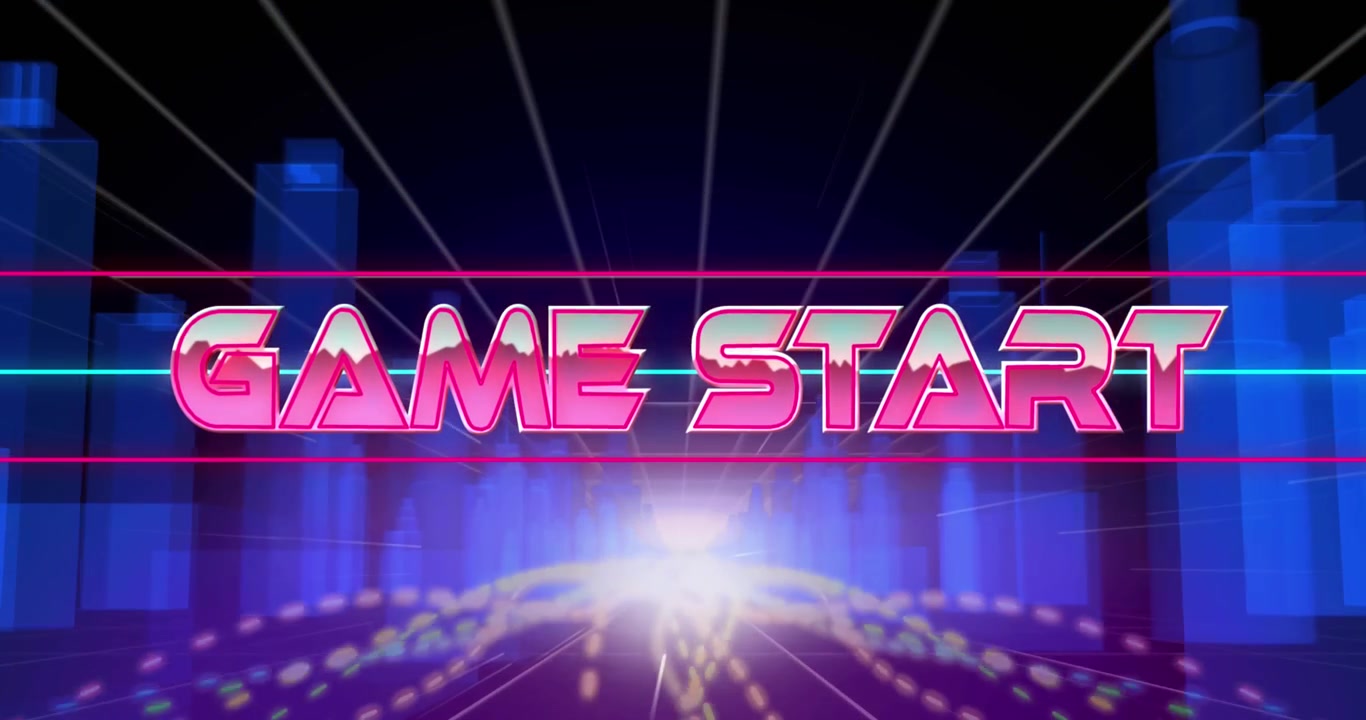 Animazione del testo di inizio gioco con lettere metalliche rosa su luci blu.