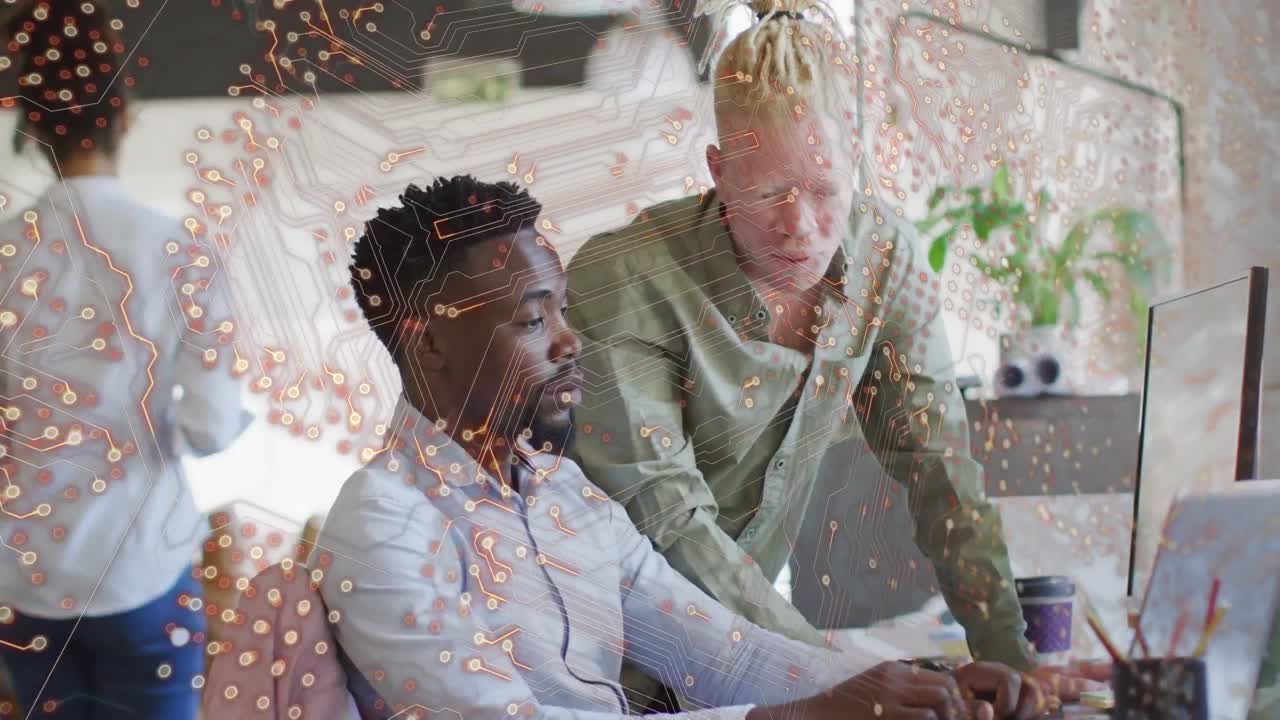 Animation of integrated circuit over diverse male coworkers in office