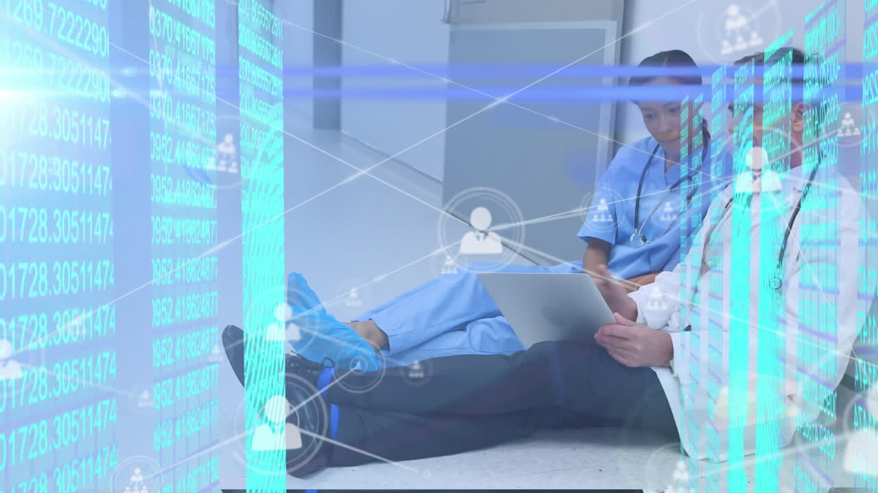 animación de la red de conexiones con iconos y procesamiento de datos sobre diversos médicos