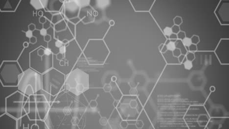 animación de fórmulas químicas sobre el procesamiento de datos en fondo gris