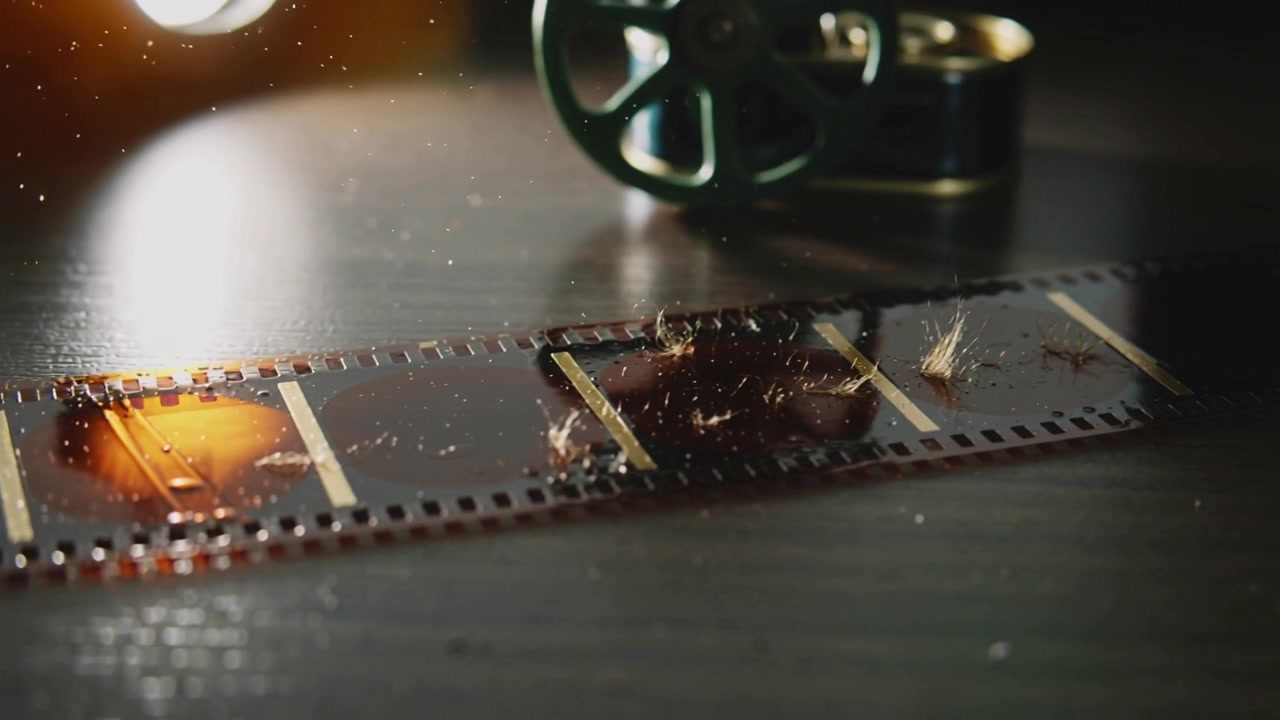 Tarkennuksen siirtyessä ja valon lämmetessä näkyy 35 mm filmiliuska tummalla puupöydällä, kela ja kimalteleva pöly