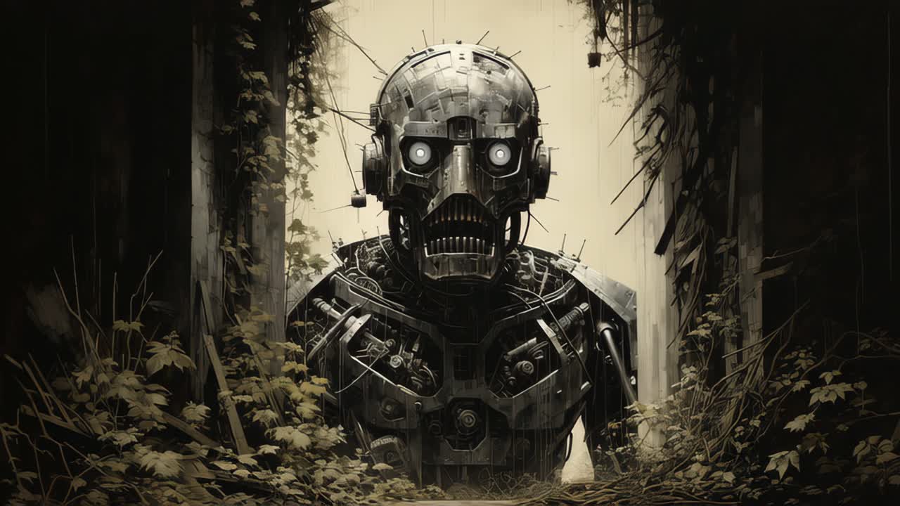 Cybernetic robot standing in forest with glowing red eyes