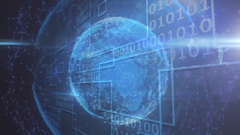 animation of globe spinning over binary coding data processing on blue background