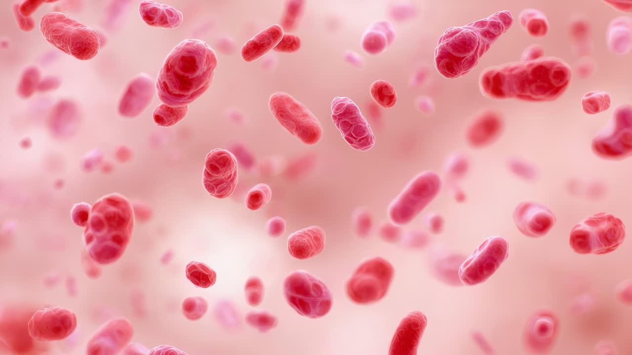 Microscope view starting gliding through pink-red rod-shaped microbes in plasma revealing rotation