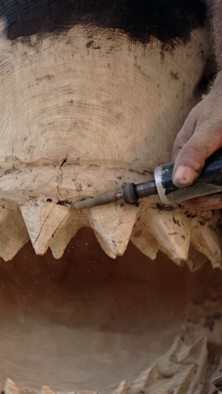Artista che realizza sculture in legno. Artigiano che taglia il legno per la decorazione. Video verticale