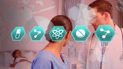 iconos médicos y procesamiento de datos estadísticos sobre un médico y una trabajadora de la salud que discuten