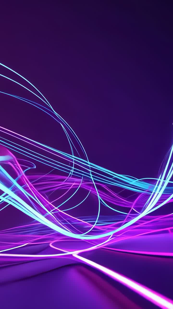 Vertical video: Emerging cyan and magenta neon ribbons looping into waves in purple digital space