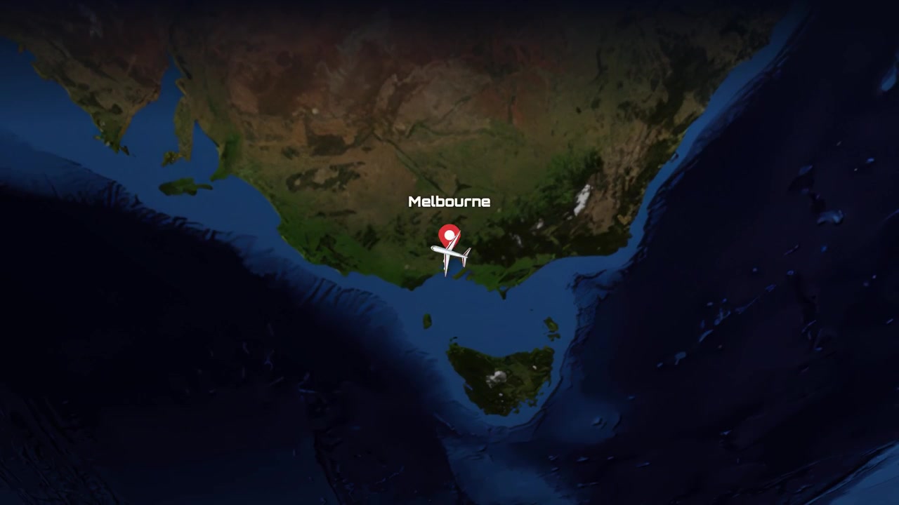 Animasi Peta Global: Perjalanan Pesawat dari Melbourne ke Doha.