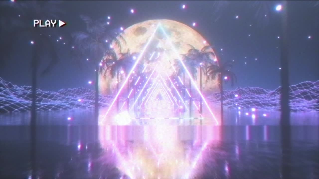 80년대 스타일의 반이는 네온 삼각형으로 레트로 퓨처리스틱한 공간에서 날아다니며, 노이즈, 간섭 및 왜곡으로 오래된 필름 카세트의 효과.