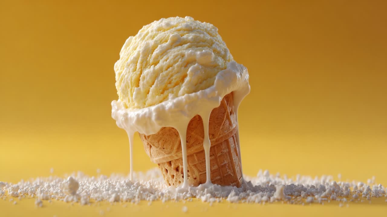 Köstliche Eistüte schmilzt auf einem leuchtend gelben Hintergrund, die cremige Textur, Süße und die Freude an Sommerleckereien zeigt