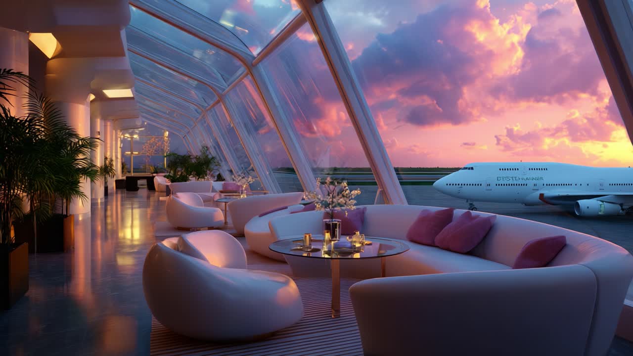 Breathtaking Sunset View from a Luxurious Airport Lounge Featuring Modern Seating Arrangements and an Elegant Ambience with an Aircraft Parked Outside, Ideal for Relaxation and Travel Comfort