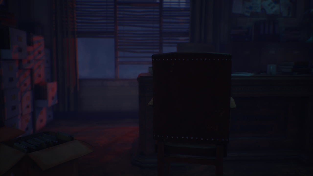 Dark room with a single chair and a desk creating a mysterious atmosphere