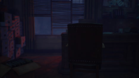dark room with a single chair and a desk creating a mysterious atmosphere
