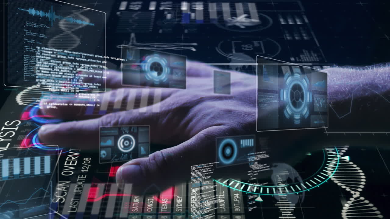 animación del control biométrico manual, los alcances y el procesamiento de datos sobre un fondo oscuro