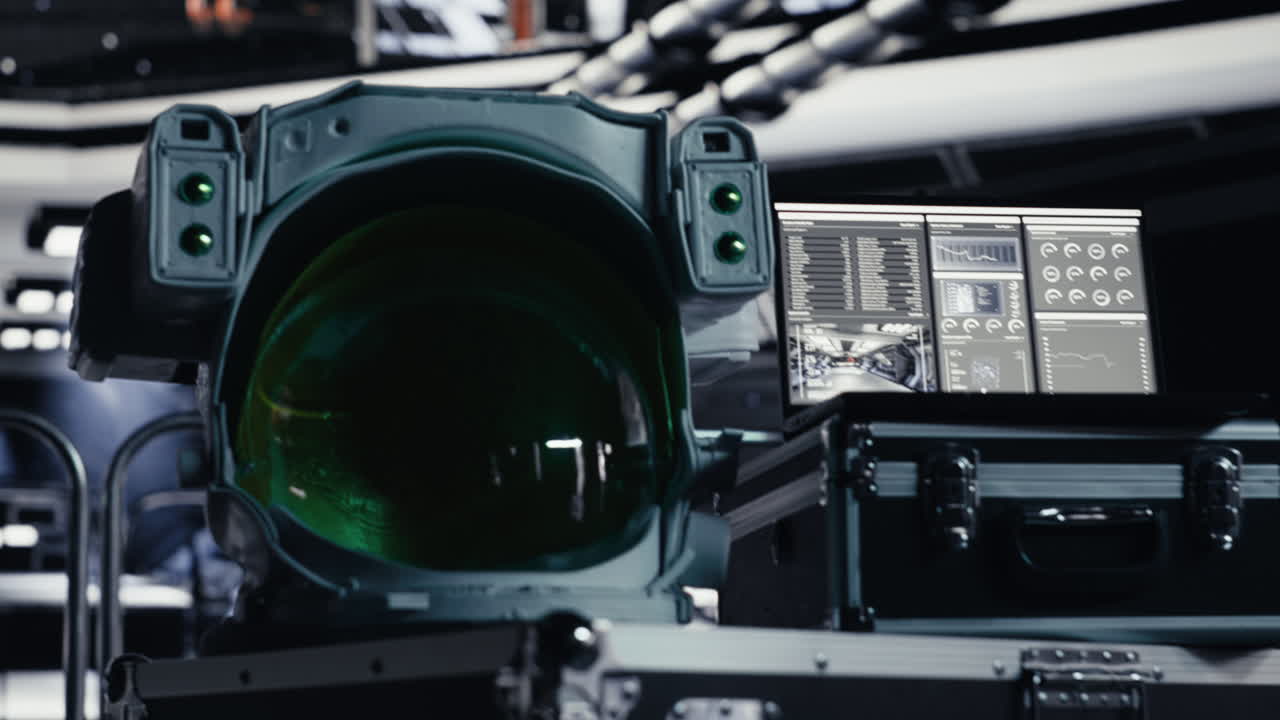 Space helmet next to laptop in starship showing sensors calibrating software