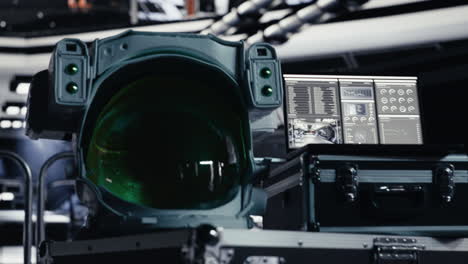 space helmet next to laptop in starship showing sensors calibrating software