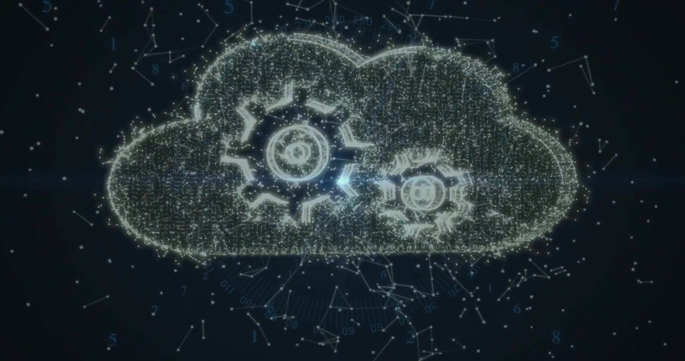 Glowing nodes drifting aligning into bulging cluster morphing cloud shape pulsing gears dissolving