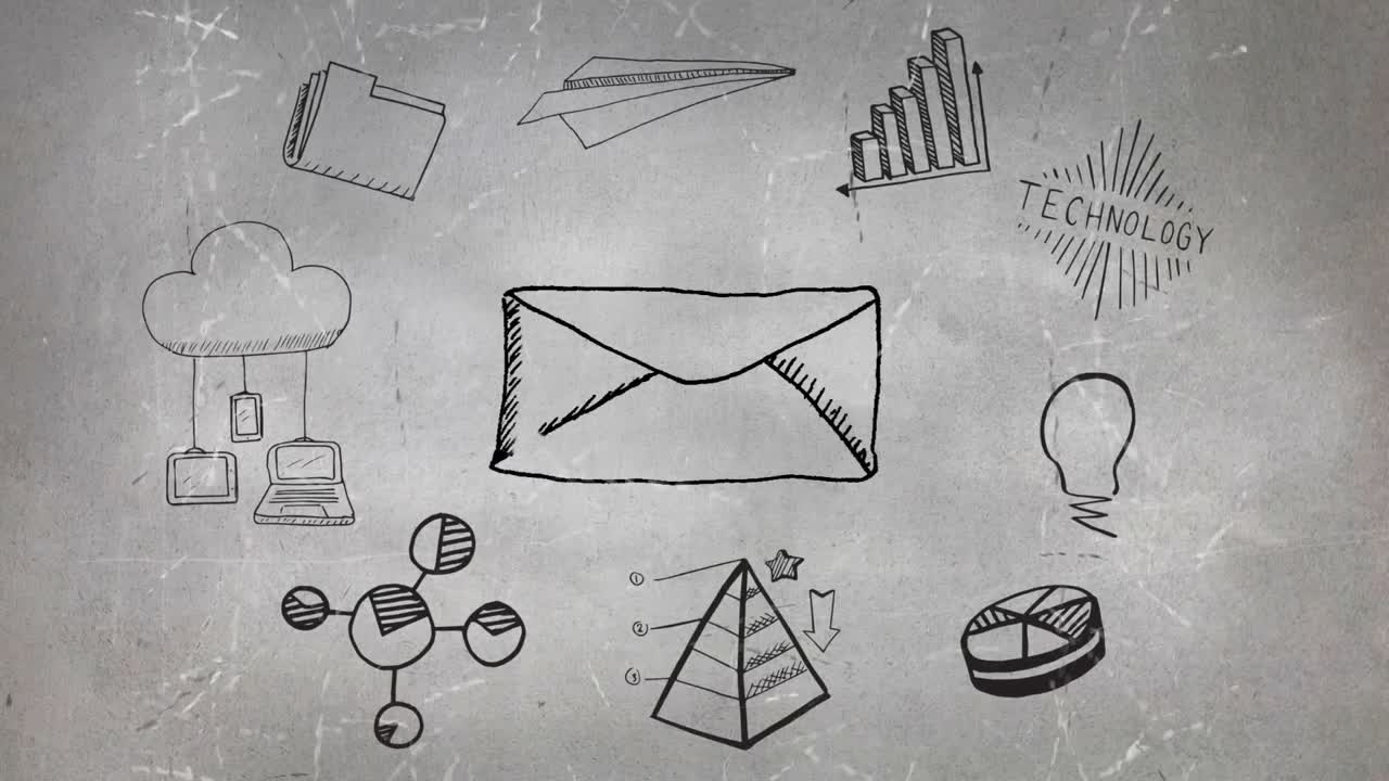 sobre rodeado de dibujos de tecnología y gráficos