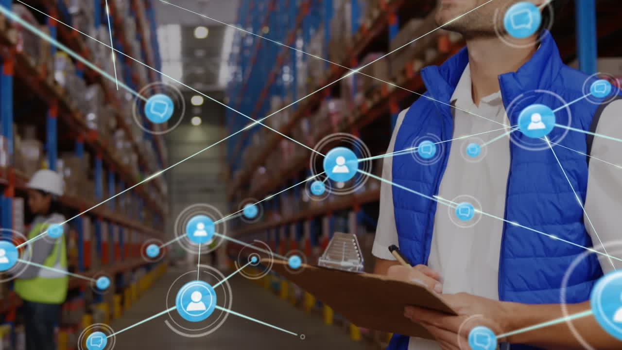 animación de la red de conexiones con iconos sobre diversos trabajadores en el almacén