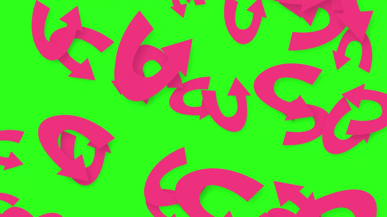 Animated pink curved arrows fall continuously over a bright green screen with soft drop shadows.