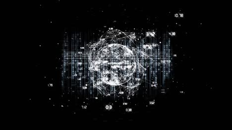 Animation-of-data-processing-and-globe-of-connections-on-black-background