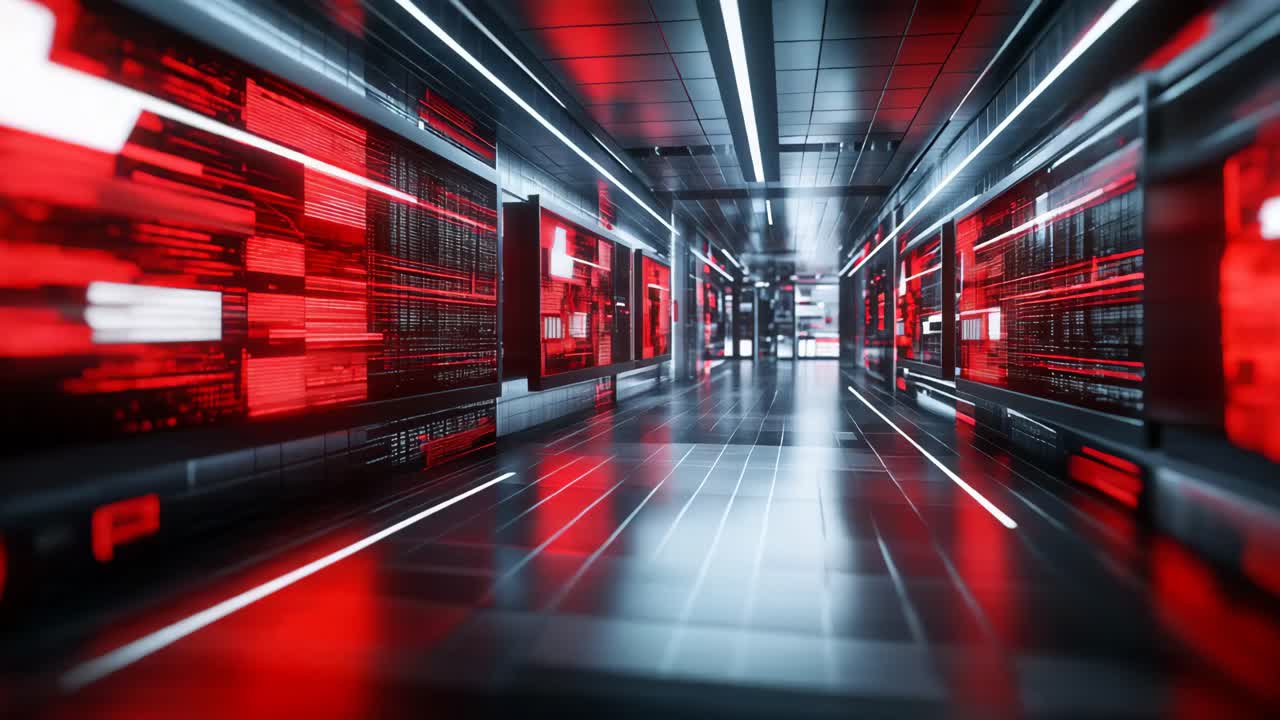 Futuristic Corridor with Red Screens