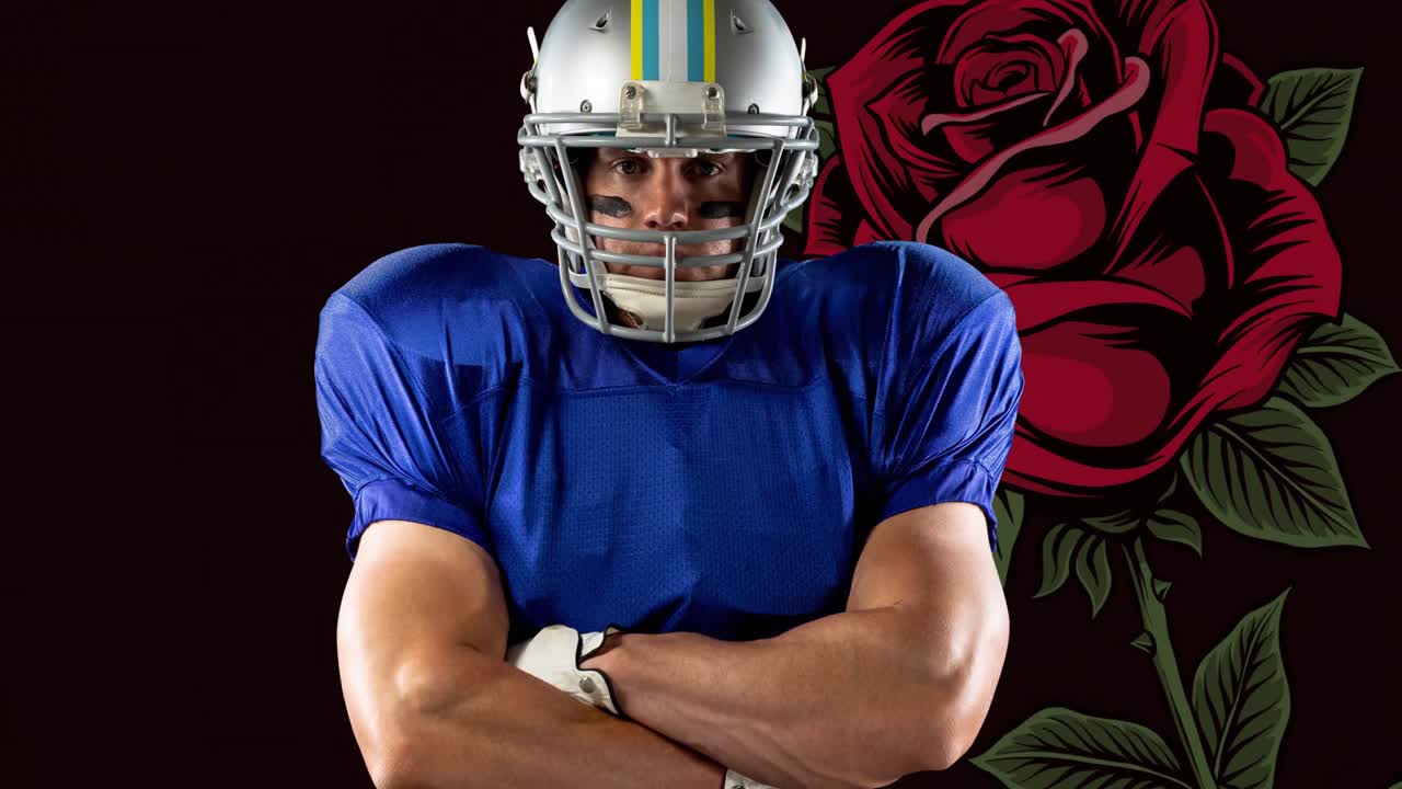 Animazione del ritratto di un giocatore di football americano con le braccia incrociate sopra una rosa rossa, su sfondo nero