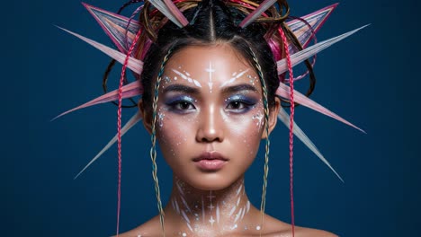 a striking portrait showcasing an artistic and vibrant fashion look with elaborate hair and makeup, emphasizing bold colors and intricate design against a blue background