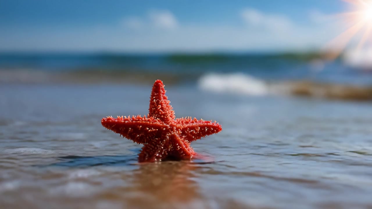 Splendido primo piano di una vivace stella marina rossa che riposa sulla battigia, circondata da onde delicate e bagnata dalla calda luce del sole, catturando la serenità dell'oceano.