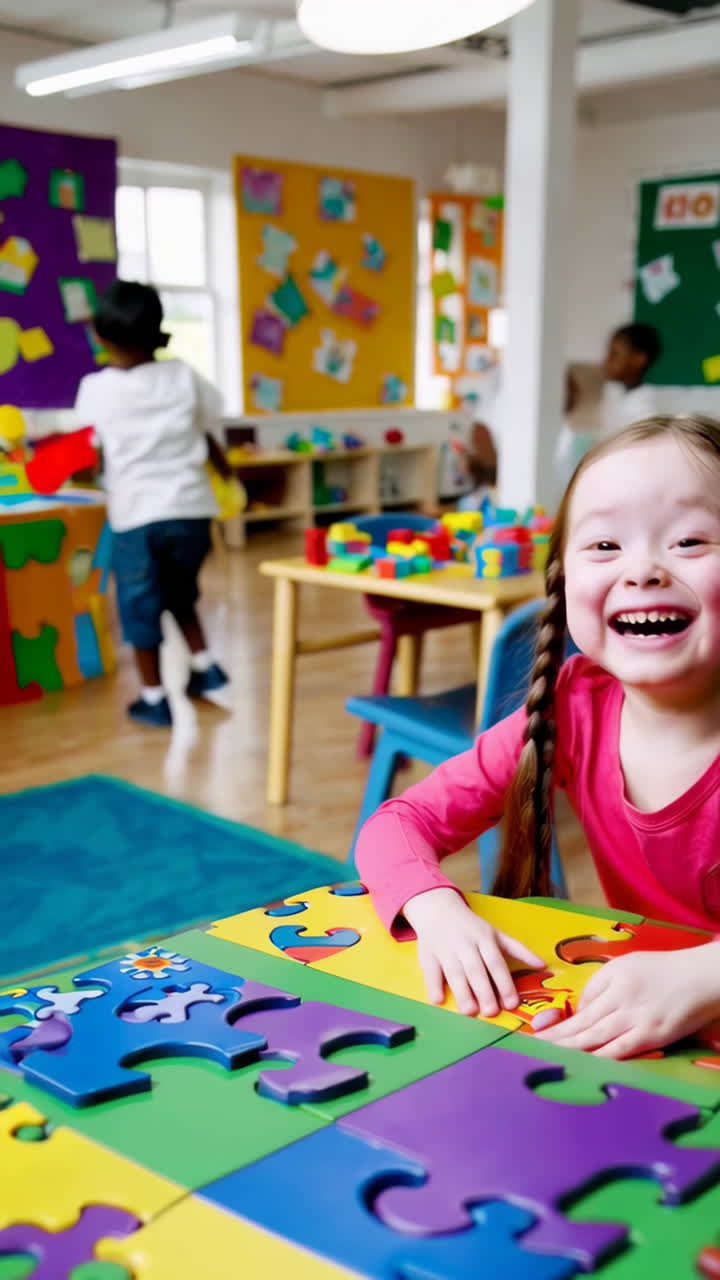A happy young girl playing with colorful puzzles in a vibrant preschool classroom