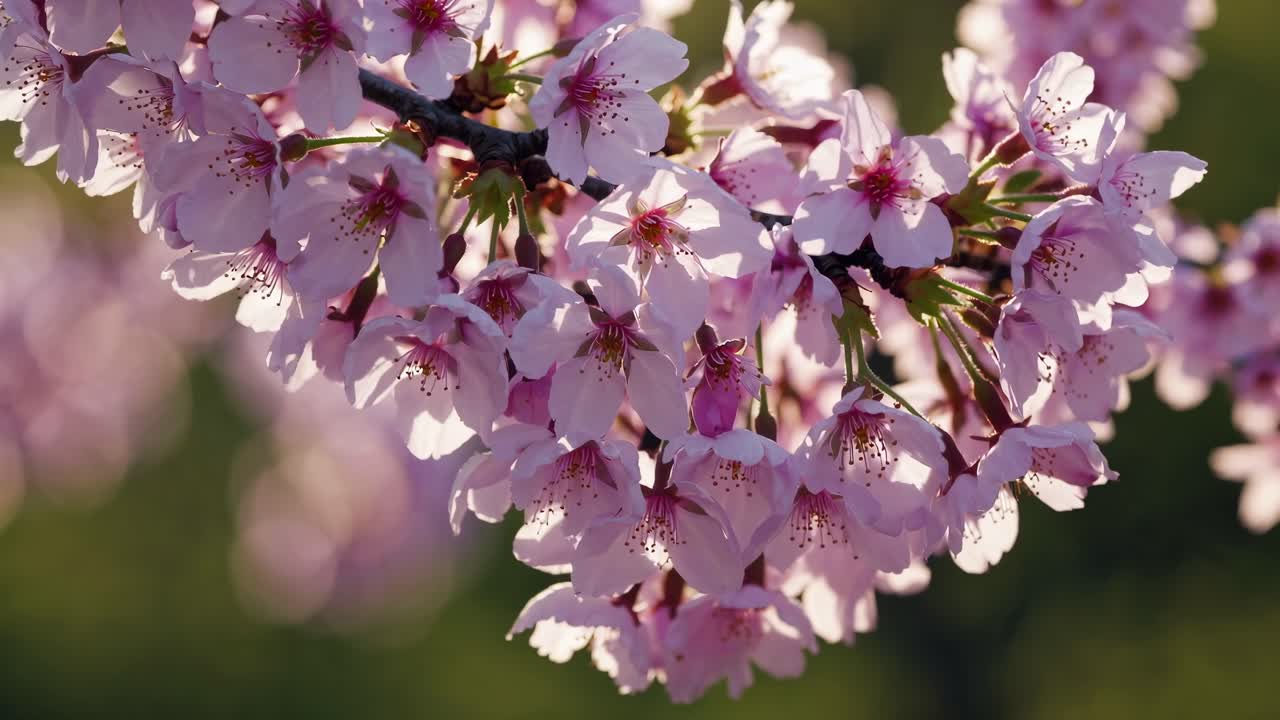 Close-up video of cherry blossoms in soft focus, captured at eye level