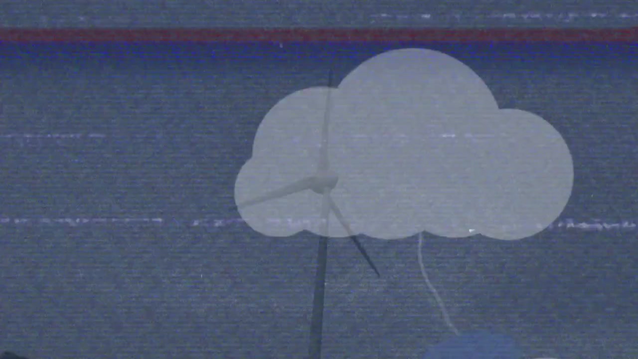 Offshore wind turbine blades rotating on start, clouds growing and drifting, simulating VHS noise