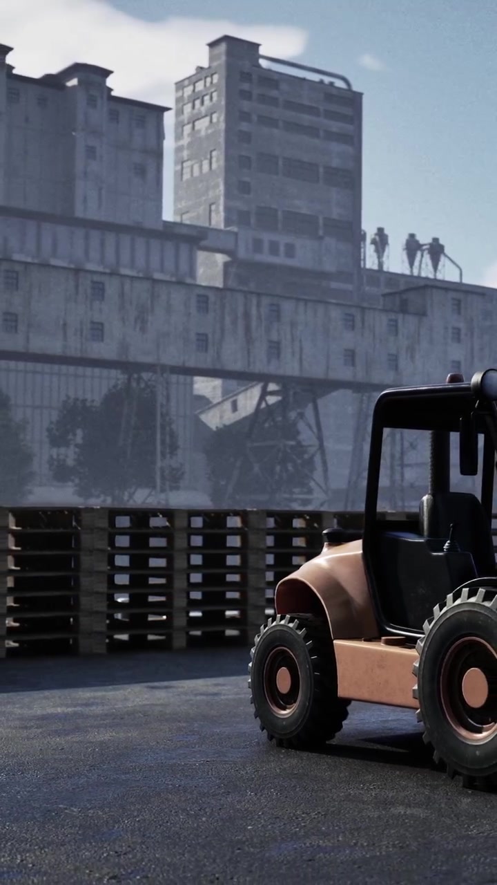 Workers on building site with construction equipment in urban area