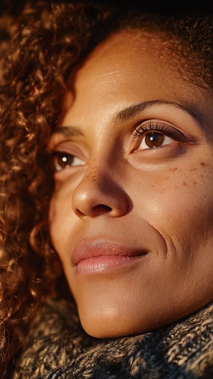 Capturing Serenity: A Close-Up of a Woman's Radiant Face Bathed in Golden Light, Reflecting Tranquility and Inner Peace