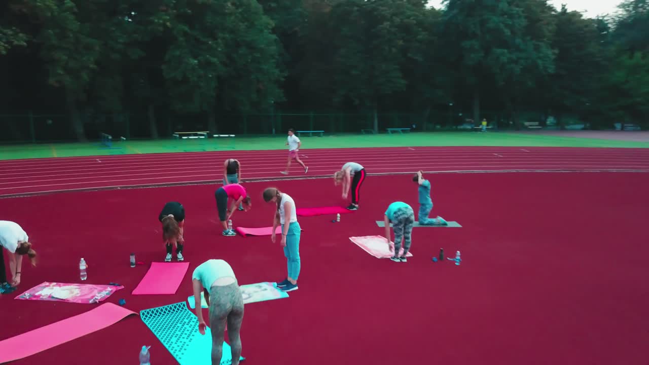 Athletic group training on stadium. Aerial view of sporty young woman doing workout