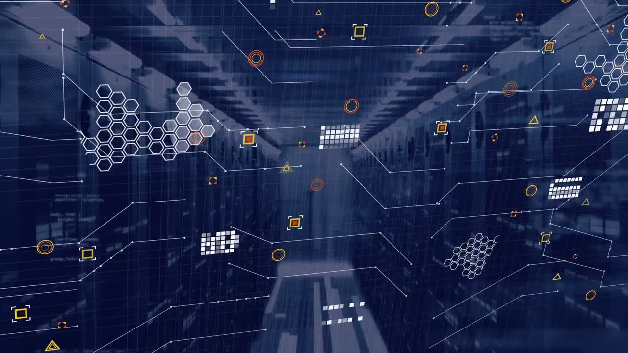 Animation of circuit board pattern, geometric shapes and computer language over server room