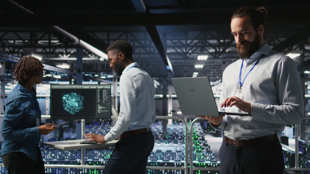 Computer scientists on data center platform analyzing performance outputs