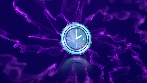 Animation-of-clock-over-purple-energy-on-dark-blue-background