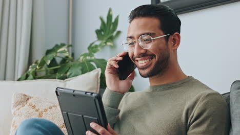 Phone,-tablet-and-communication-with-a-man-talking