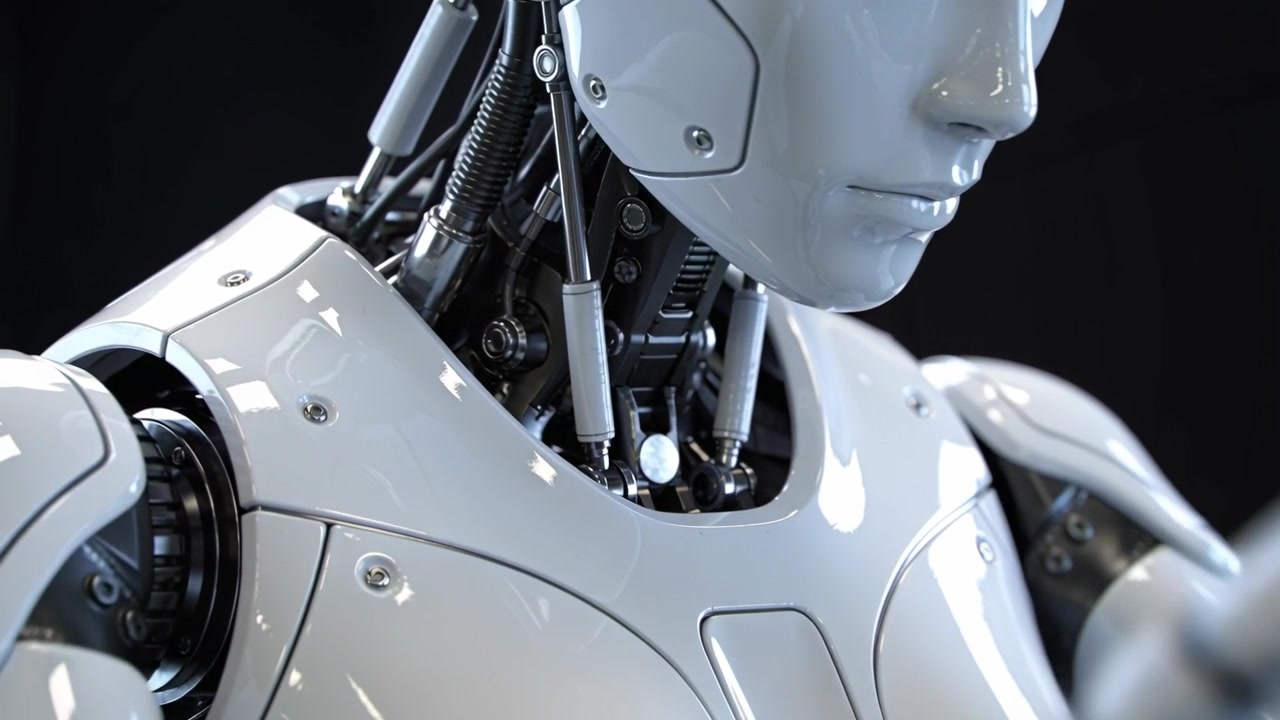 Kamera geri çekilirken, parlak beyaz insansı robot stüdyoda boynunu ve kolunu hareket ettirerek aktüatörlerini gösteriyor.