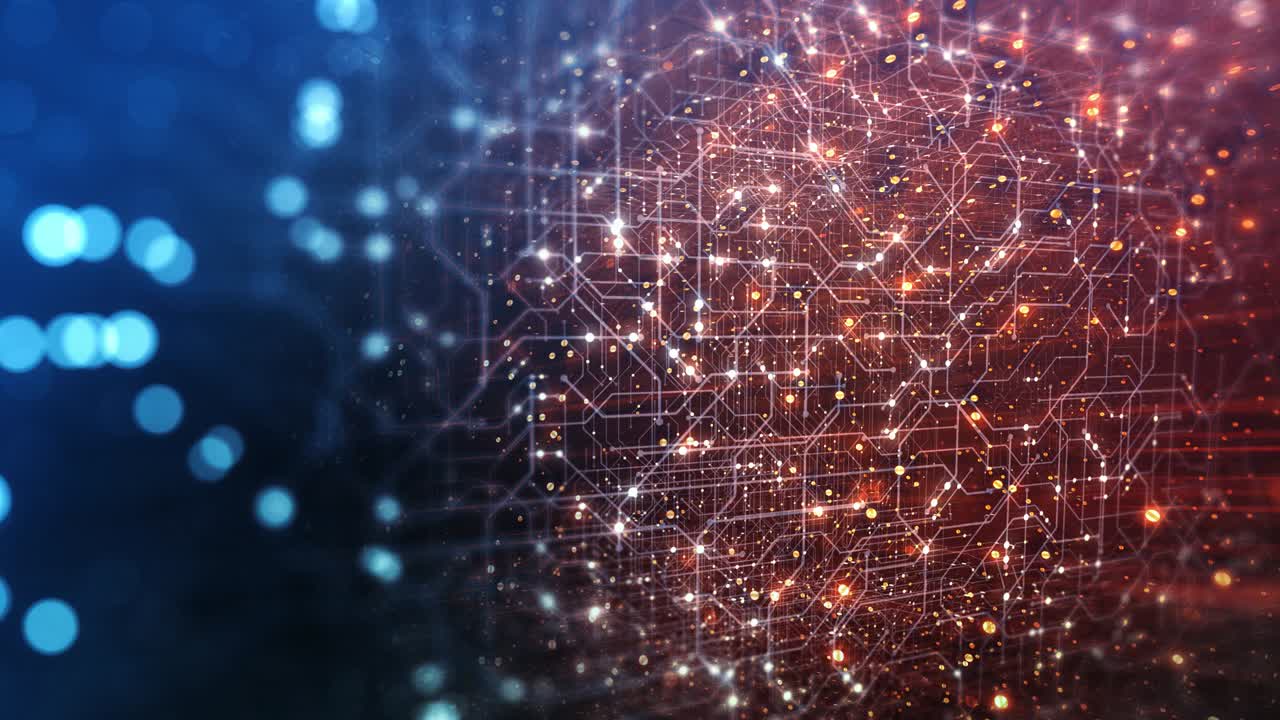 fondo tecnológico abstracto hecho de placa de circuito impreso. profundidad de efecto de campo y bokeh. conexiones a internet, computación en la nube y red neuronal, big data. renderizado en 3d, bucle sin costuras en 4k