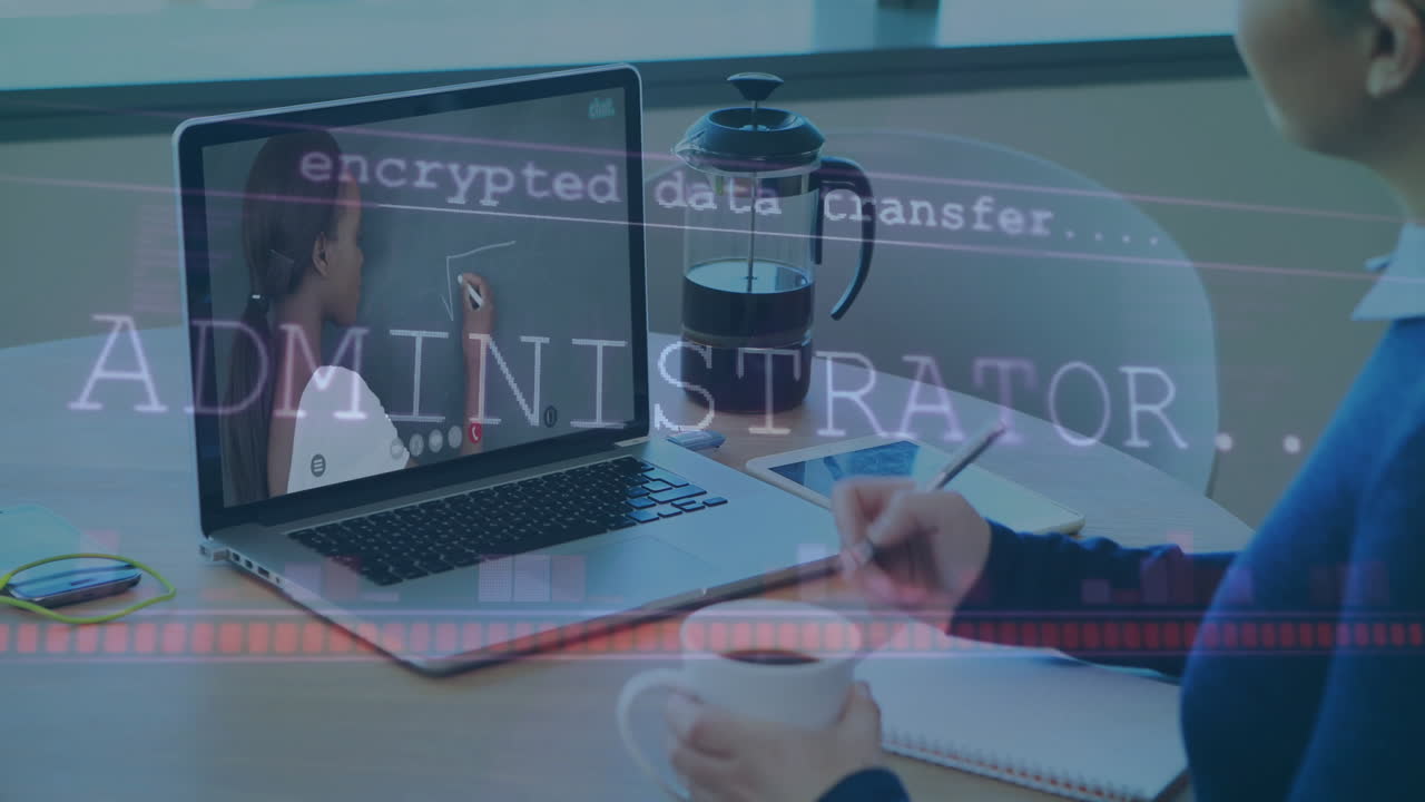 Student writing and watching teacher drawing geometry on laptop with encrypted overlay in education