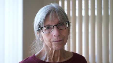 a happy old caucasian woman with aging face wrinkles gray hair and glasses looking at camera with a sad but hopeful outlook for her life