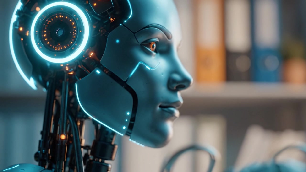 A Futuristic Robot with Intricate Mechanics and Soft Expressions: Exploring the Intersection of Technology and Humanity in a Modern Workspace