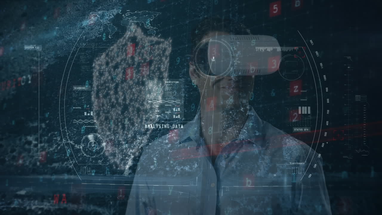 Animation of financial data processing over businessman wearing vr headsets